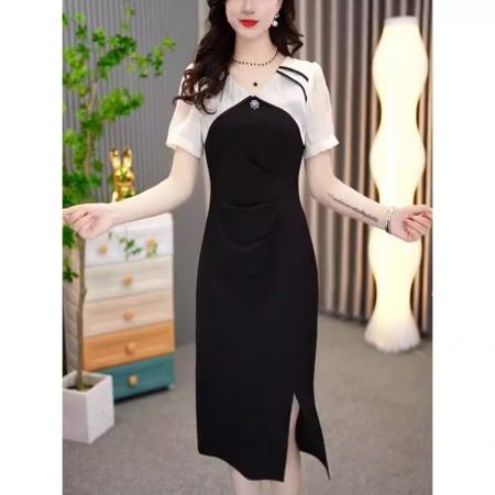 时尚法式短袖连衣裙女夏季新款气质收腰显瘦雪纺拼接过膝裙子 服裝批發女裝批發服飾貨源