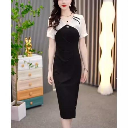 时尚法式短袖连衣裙女夏季新款气质收腰显瘦雪纺拼接过膝裙子 服裝批發女裝批發服飾貨源