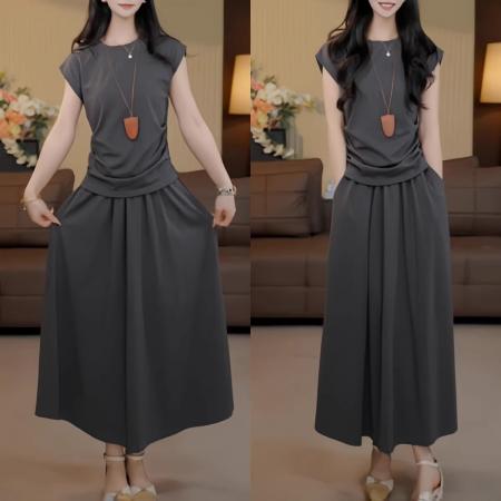 夏季新款时尚气质遮肚子显瘦飞飞袖上衣半身裙休闲两件套装女 服裝批發女裝批發服飾貨源