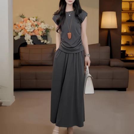 BY12179# 夏季新款时尚气质遮肚子显瘦飞飞袖上衣半身裙休闲两件套装女 服裝批發女裝批發服飾貨源