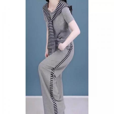 BY12180# 夏季新款简约休闲套装设计感短袖上衣披肩阔腿裤减龄三件套装 服裝批發女裝批發服飾貨源