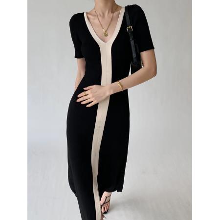 BY12182# 春夏新款韩国chic夏季复古V领撞色短袖开叉针织女连衣裙 服裝批發女裝批發服飾貨源