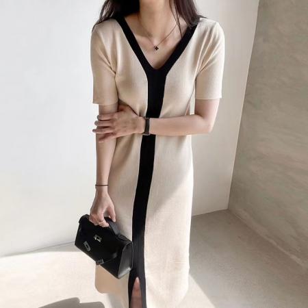 BY12182# 春夏新款韩国chic夏季复古V领撞色短袖开叉针织女连衣裙 服裝批發女裝批發服飾貨源