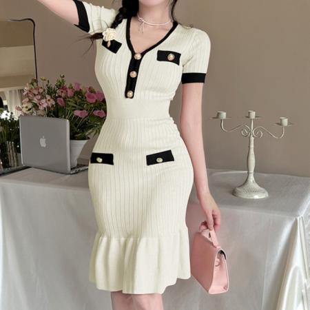 BY12183# 韩国小香风气质收腰显瘦鱼尾针织V领显瘦中长款短袖连衣裙 服裝批發女裝批發服飾貨源