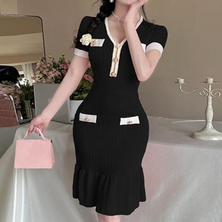 BY12183# 韩国小香风气质收腰显瘦鱼尾针织V领显瘦中长款短袖连衣裙 服裝批發女裝批發服飾貨源