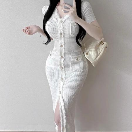 BY12184# 韩国春新品优雅气质流苏短袖收腰显瘦针织连衣裙2色 服裝批發女裝批發服飾貨源