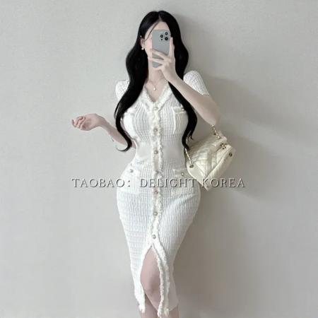 BY12184# 韩国春新品优雅气质流苏短袖收腰显瘦针织连衣裙2色 服裝批發女裝批發服飾貨源