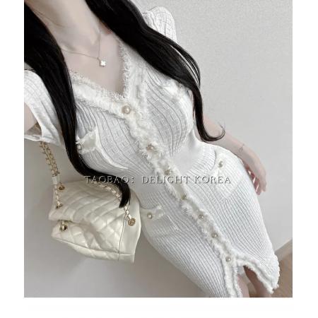 BY12184# 韩国春新品优雅气质流苏短袖收腰显瘦针织连衣裙2色 服裝批發女裝批發服飾貨源