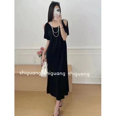 BY12185# 小众优雅露肩遮肉宽松大码针织曲珠连衣裙 服裝批發女裝批發服飾貨源