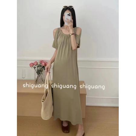 BY12185# 小众优雅露肩遮肉宽松大码针织曲珠连衣裙 服裝批發女裝批發服飾貨源