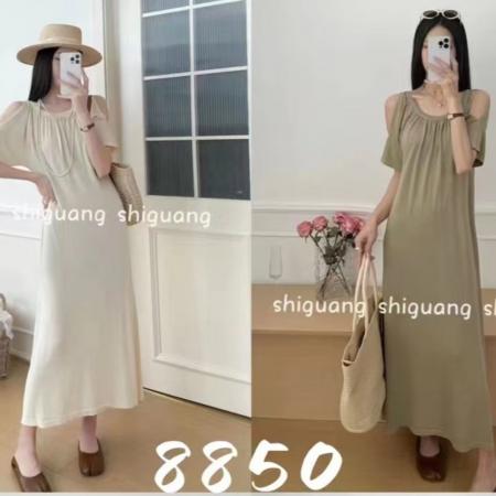 BY12185# 小众优雅露肩遮肉宽松大码针织曲珠连衣裙 服裝批發女裝批發服飾貨源