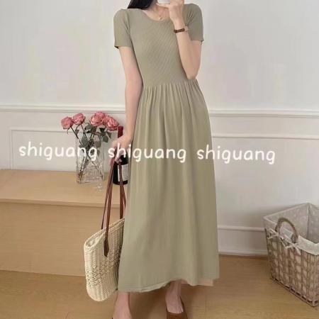 BY12186# 百搭显瘦收腰短袖针织曲珠连衣裙 服裝批發女裝批發服飾貨源