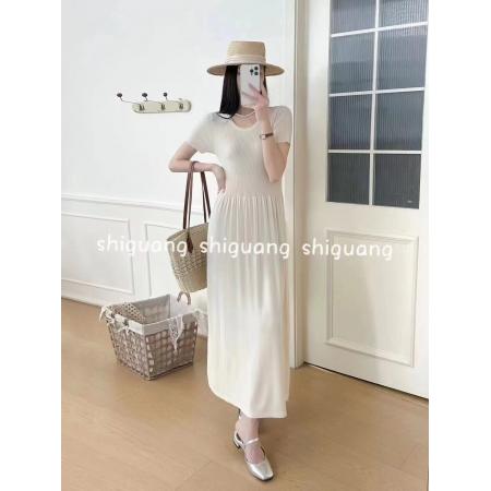 BY12186# 百搭显瘦收腰短袖针织曲珠连衣裙 服裝批發女裝批發服飾貨源