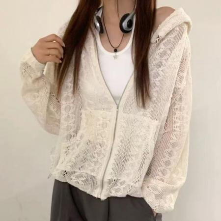 韩国chic勾花镂空宽松拉链针织连帽外套女 服裝批發女裝批發服飾貨源