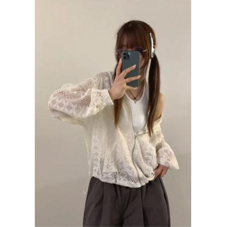 韩国chic勾花镂空宽松拉链针织连帽外套女 服裝批發女裝批發服飾貨源