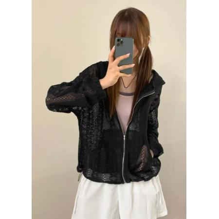 韩国chic勾花镂空宽松拉链针织连帽外套女 服裝批發女裝批發服飾貨源