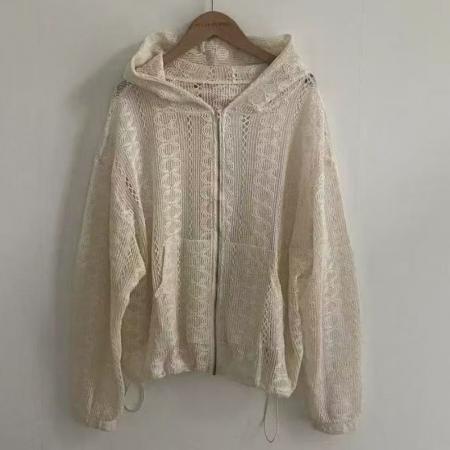 韩国chic勾花镂空宽松拉链针织连帽外套女 服裝批發女裝批發服飾貨源