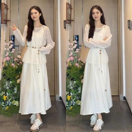 BY12189# 白色吊带连衣裙子女夏季新款温柔风气质绝美穿搭海边度假长裙 服裝批發女裝批發服飾貨源