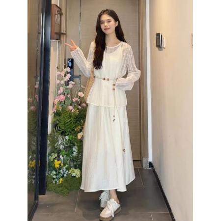 BY12189# 白色吊带连衣裙子女夏季新款温柔风气质绝美穿搭海边度假长裙 服裝批發女裝批發服飾貨源