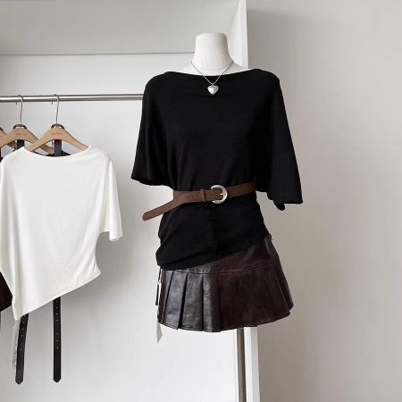 BY12191# 设计感圆领短袖不规则下摆T恤女春季上新辣妹收腰显瘦上衣配腰带 服裝批發女裝批發服飾貨源
