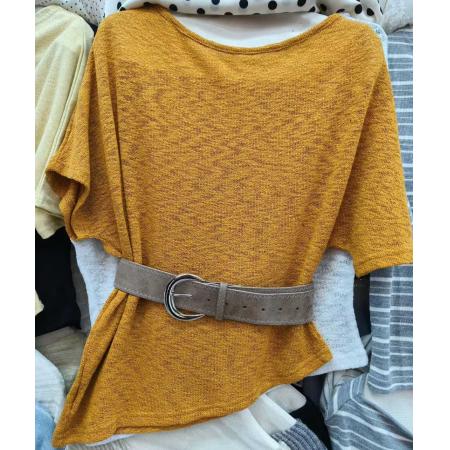 BY12191# 设计感圆领短袖不规则下摆T恤女春季上新辣妹收腰显瘦上衣配腰带 服裝批發女裝批發服飾貨源