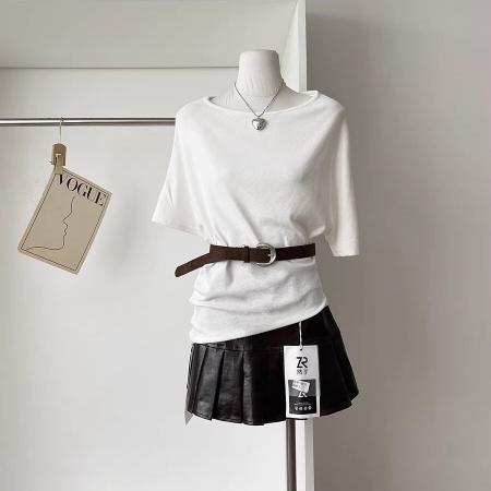 BY12191# 设计感圆领短袖不规则下摆T恤女春季上新辣妹收腰显瘦上衣配腰带 服裝批發女裝批發服飾貨源