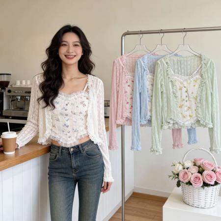 韩系甜美温柔风木耳边碎花小吊带配蕾丝短款防晒长袖外披两件套装 服裝批發女裝批發服飾貨源