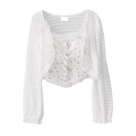 BY12193# 韩系甜美温柔风木耳边碎花小吊带配蕾丝短款防晒长袖外披两件套装 服裝批發女裝批發服飾貨源