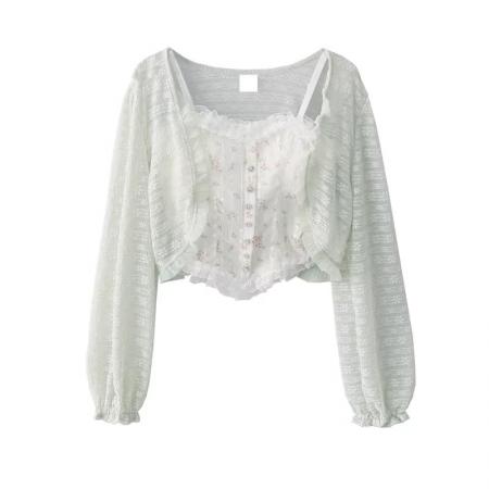 BY12193# 韩系甜美温柔风木耳边碎花小吊带配蕾丝短款防晒长袖外披两件套装 服裝批發女裝批發服飾貨源