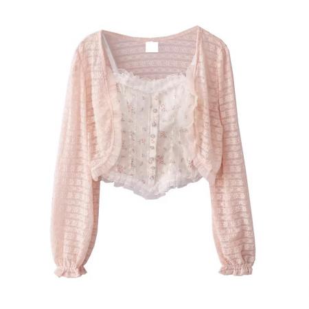 BY12193# 韩系甜美温柔风木耳边碎花小吊带配蕾丝短款防晒长袖外披两件套装 服裝批發女裝批發服飾貨源