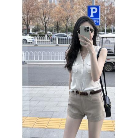 BY12198# 学院风美式辣妹掐腰无袖衬衫女夏季新款修身收腰短款上衣套装 服裝批發女裝批發服飾貨源