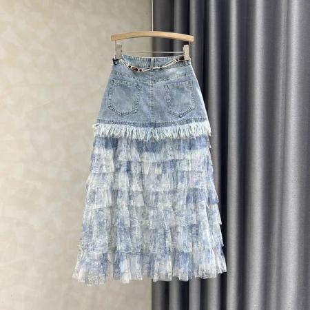 春夏新款拼接网纱蛋糕牛仔半身裙女高腰时尚拼接网纱长裙子无链子 服裝批發女裝批發服飾貨源