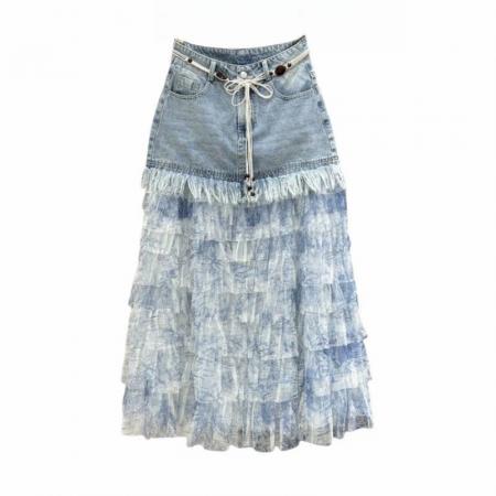 春夏新款拼接网纱蛋糕牛仔半身裙女高腰时尚拼接网纱长裙子无链子 服裝批發女裝批發服飾貨源