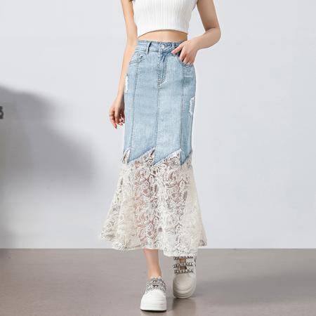 新款夏季牛仔裙蕾丝拼接裙网纱裙半身裙长裙小个子 服裝批發女裝批發服飾貨源