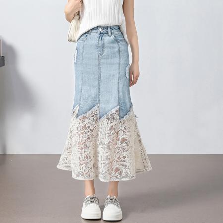 新款夏季牛仔裙蕾丝拼接裙网纱裙半身裙长裙小个子 服裝批發女裝批發服飾貨源