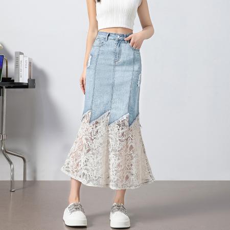 新款夏季牛仔裙蕾丝拼接裙网纱裙半身裙长裙小个子 服裝批發女裝批發服飾貨源