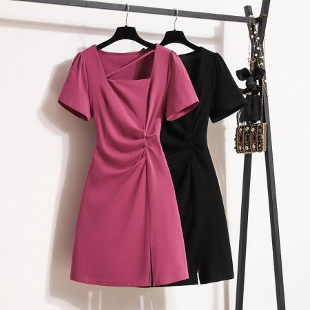 BY12207# 大码女装夏季新款褶皱显瘦收腰气质洋气微胖穿搭连衣裙女 服裝批發女裝批發服飾貨源