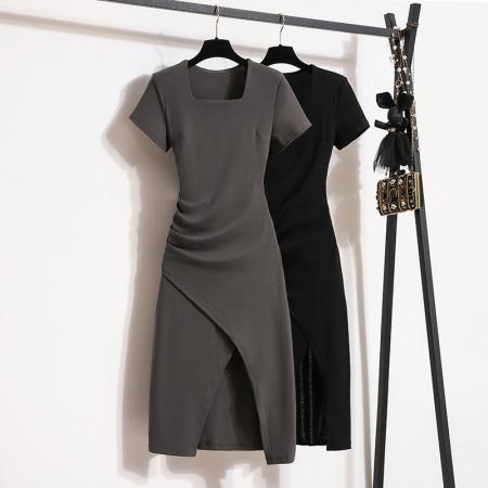 BY12208# 大码女装新款洋气方领连衣裙女开叉裙气质高腰显瘦一步裙 服裝批發女裝批發服飾貨源