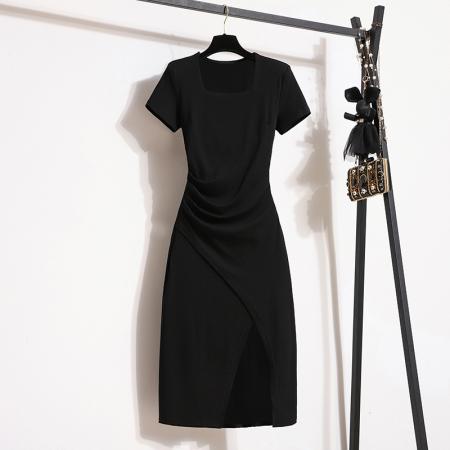 BY12208# 大码女装新款洋气方领连衣裙女开叉裙气质高腰显瘦一步裙 服裝批發女裝批發服飾貨源