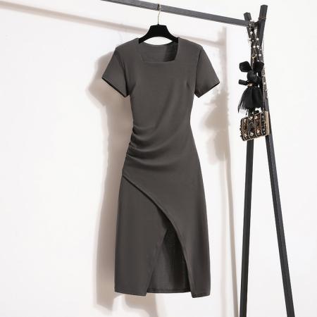 BY12208# 大码女装新款洋气方领连衣裙女开叉裙气质高腰显瘦一步裙 服裝批發女裝批發服飾貨源