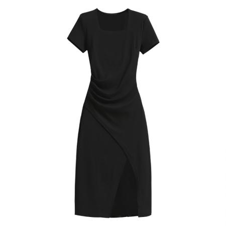 BY12208# 大码女装新款洋气方领连衣裙女开叉裙气质高腰显瘦一步裙 服裝批發女裝批發服飾貨源