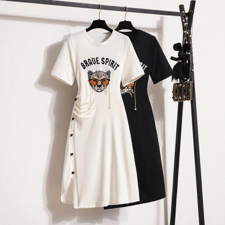 BY12209# 大码女装夏新款针织连衣裙女不规则短袖遮肉百搭显瘦裙子 服裝批發女裝批發服飾貨源