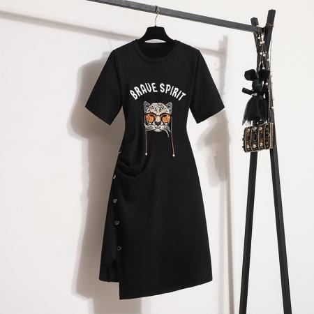 BY12209# 大码女装夏新款针织连衣裙女不规则短袖遮肉百搭显瘦裙子 服裝批發女裝批發服飾貨源