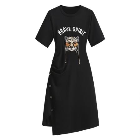 BY12209# 大码女装夏新款针织连衣裙女不规则短袖遮肉百搭显瘦裙子 服裝批發女裝批發服飾貨源