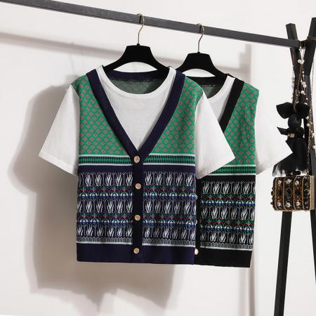 大码女装夏装新款针织衫韩版休闲百搭假二件套短袖上衣女 服裝批發女裝批發服飾貨源