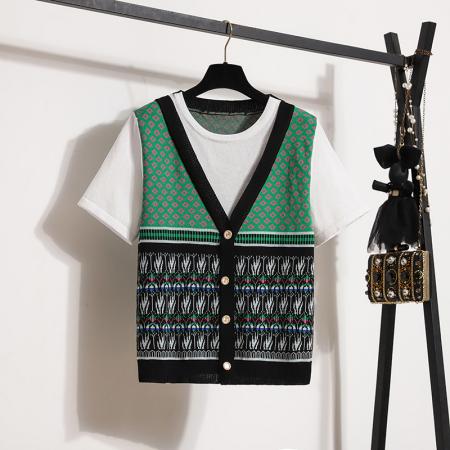 大码女装夏装新款针织衫韩版休闲百搭假二件套短袖上衣女 服裝批發女裝批發服飾貨源