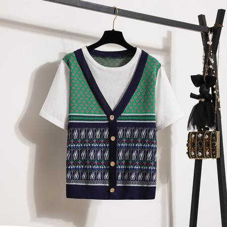 大码女装夏装新款针织衫韩版休闲百搭假二件套短袖上衣女 服裝批發女裝批發服飾貨源