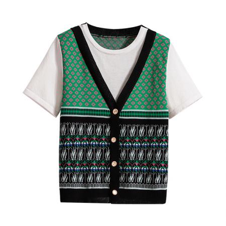 大码女装夏装新款针织衫韩版休闲百搭假二件套短袖上衣女 服裝批發女裝批發服飾貨源