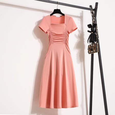 BY12213# 大码女装夏方领短袖连衣裙收腰A字中长款裙高腰气质长裙 服裝批發女裝批發服飾貨源