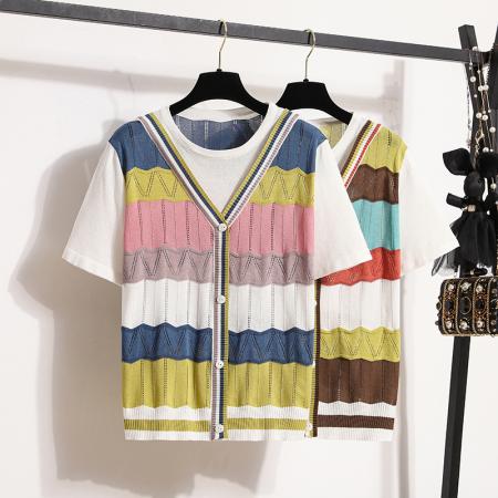 大码女装夏新款温柔风彩色针织衫短袖假二件显瘦百搭上衣 服裝批發女裝批發服飾貨源